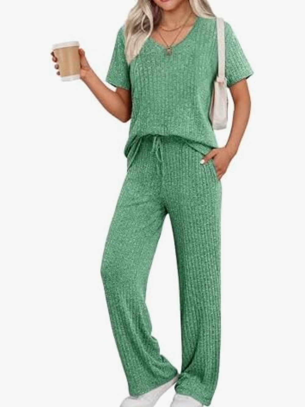 Nwt Small Ekouaer Womens Ribbed Knit Lounge Set Short Sleeve Top and Long Pants